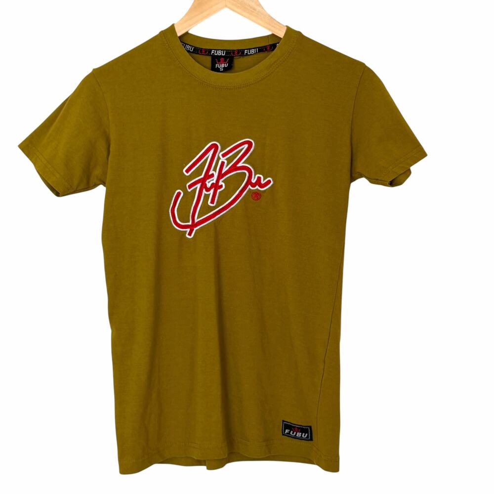 FUBU Vintage 90's Embroidered Logo Short Sleeve T-Shirt in Mustard Green, Small